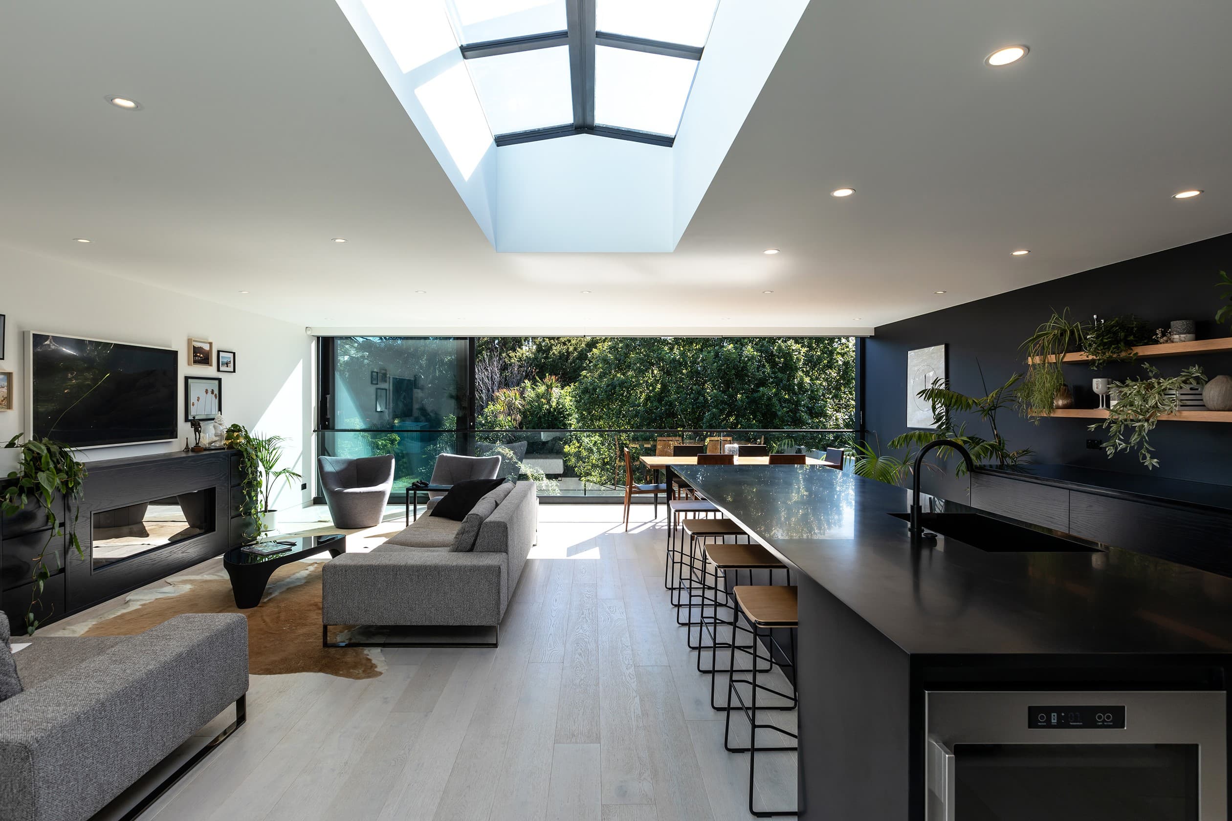 Open-plan living under the skylight