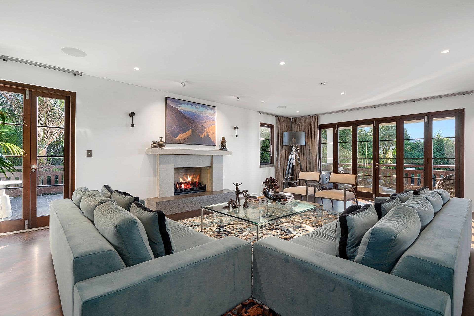 The lounge, fireplace lit