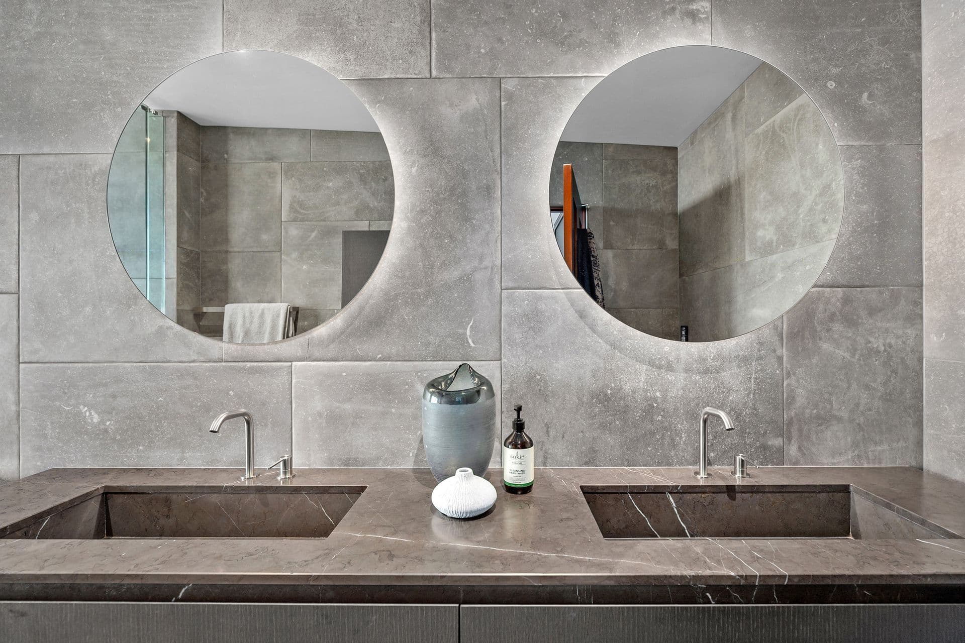 Double vanity, backlit mirrors